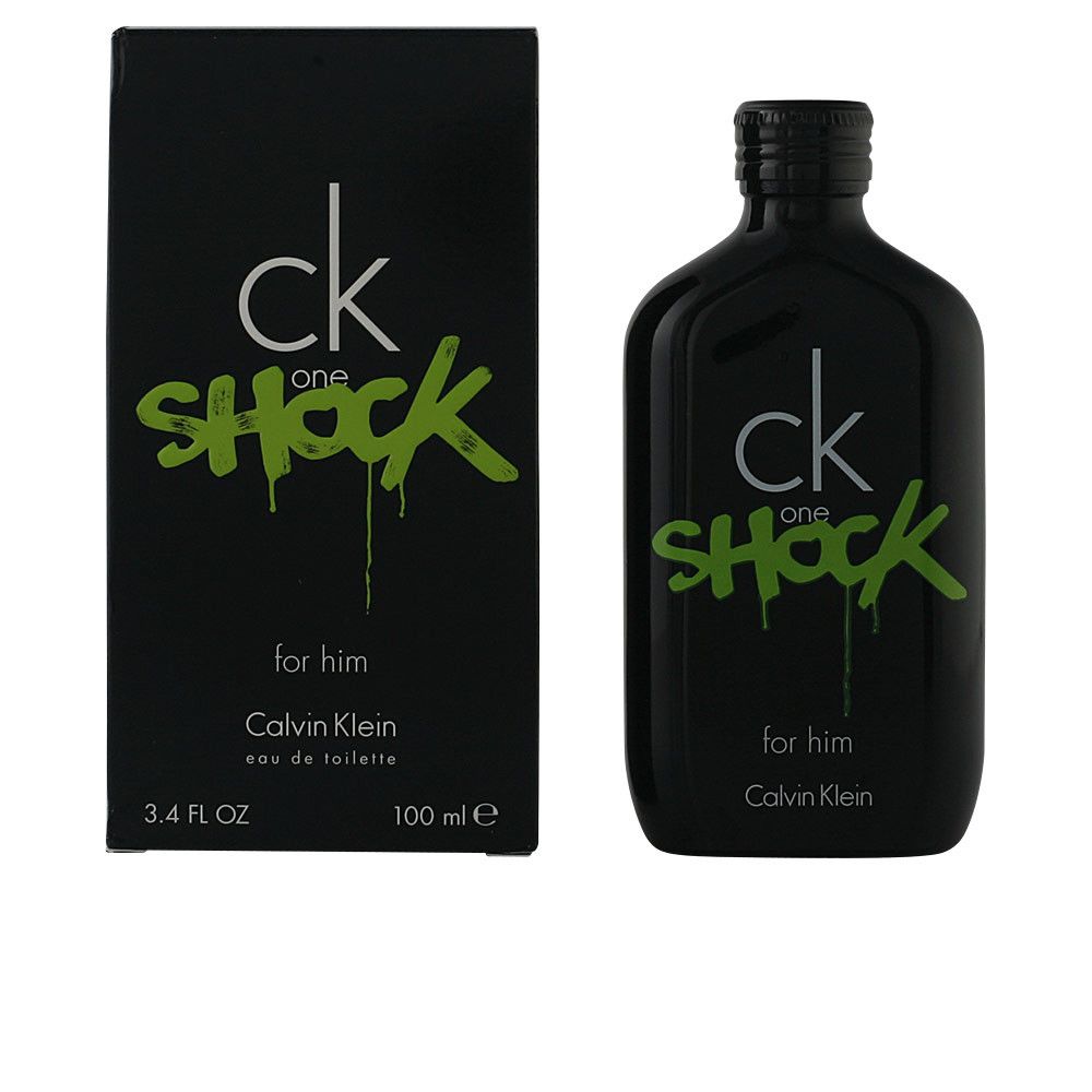 Zwarte fles en verpakking van CK One Shock for him. Opschrift: Calvin Klein, 3.4 FL OZ, 100 ml e.