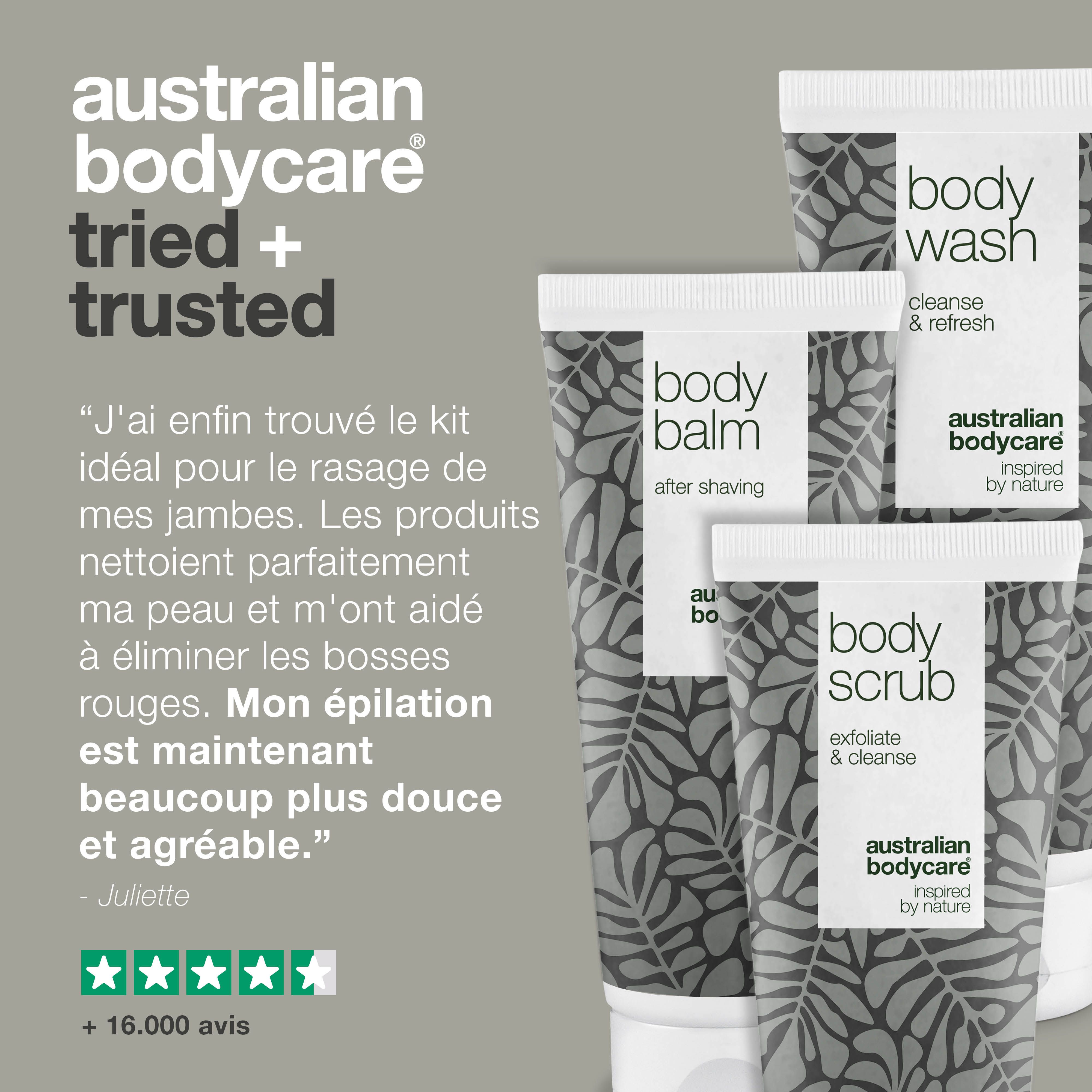 Collage avec personnes et produits. Produits : Body Balm, huile. Marque : Australian Bodycare. Arrière-plan : vert.