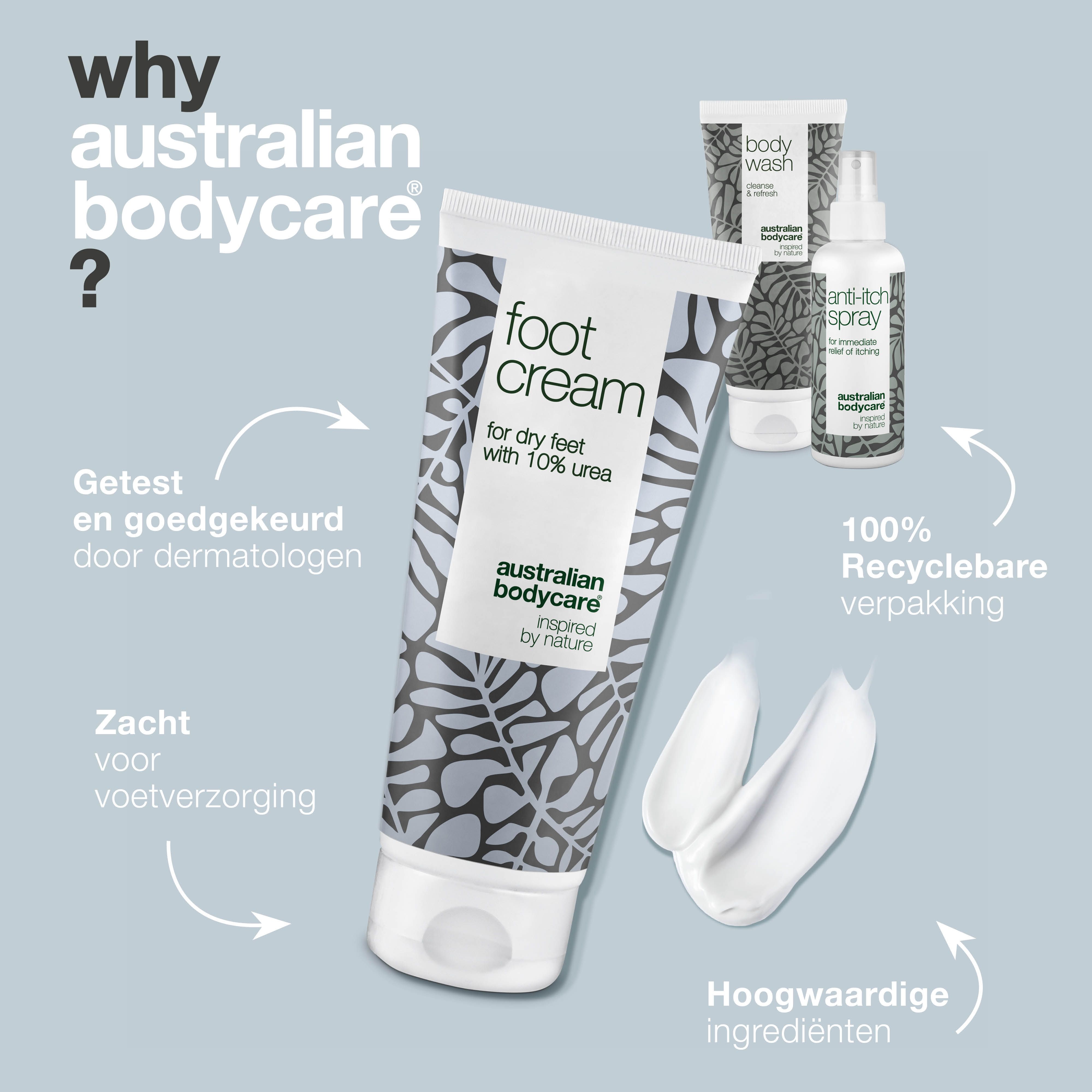 Voetcrèmetube en producten. Tekst: voetcrème, voor droge voeten met 10% ureum, Australian Bodycare.