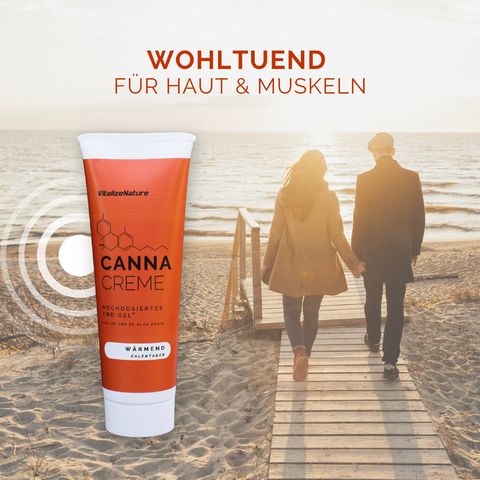 Couple marchant sur la plage. Tube de Canna Creme. Texte: Canna Creme, wärmend.