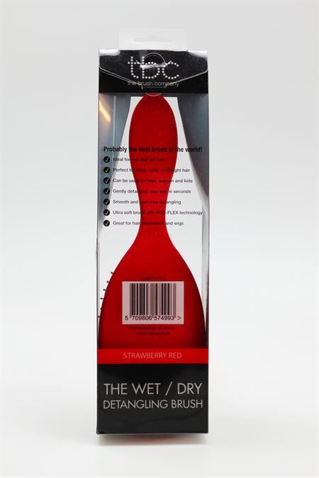 Arrière de la brosse à cheveux TBC Wet & Dry rouge emballée, avec caractéristiques du produit.
