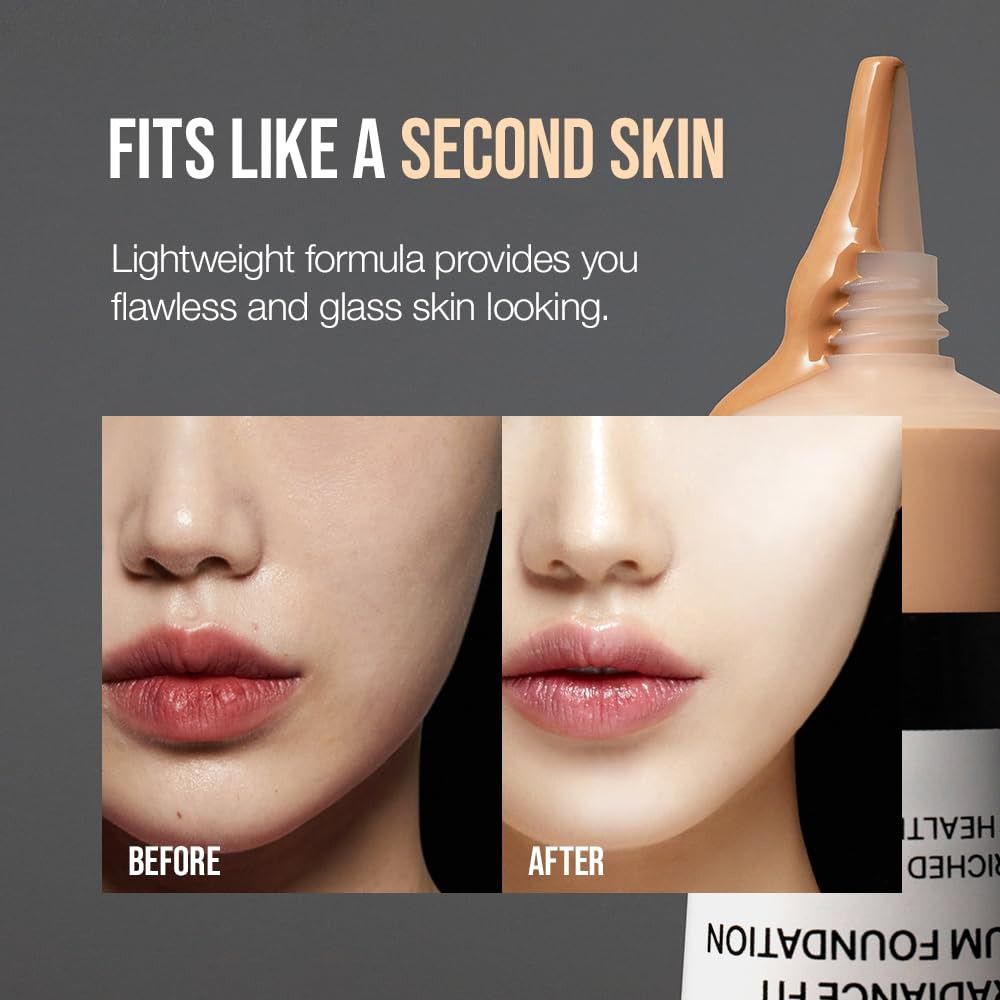 Voor-en-na vergelijking van gezichten. Tekst: Fits like a second skin. Foundation-applicator.