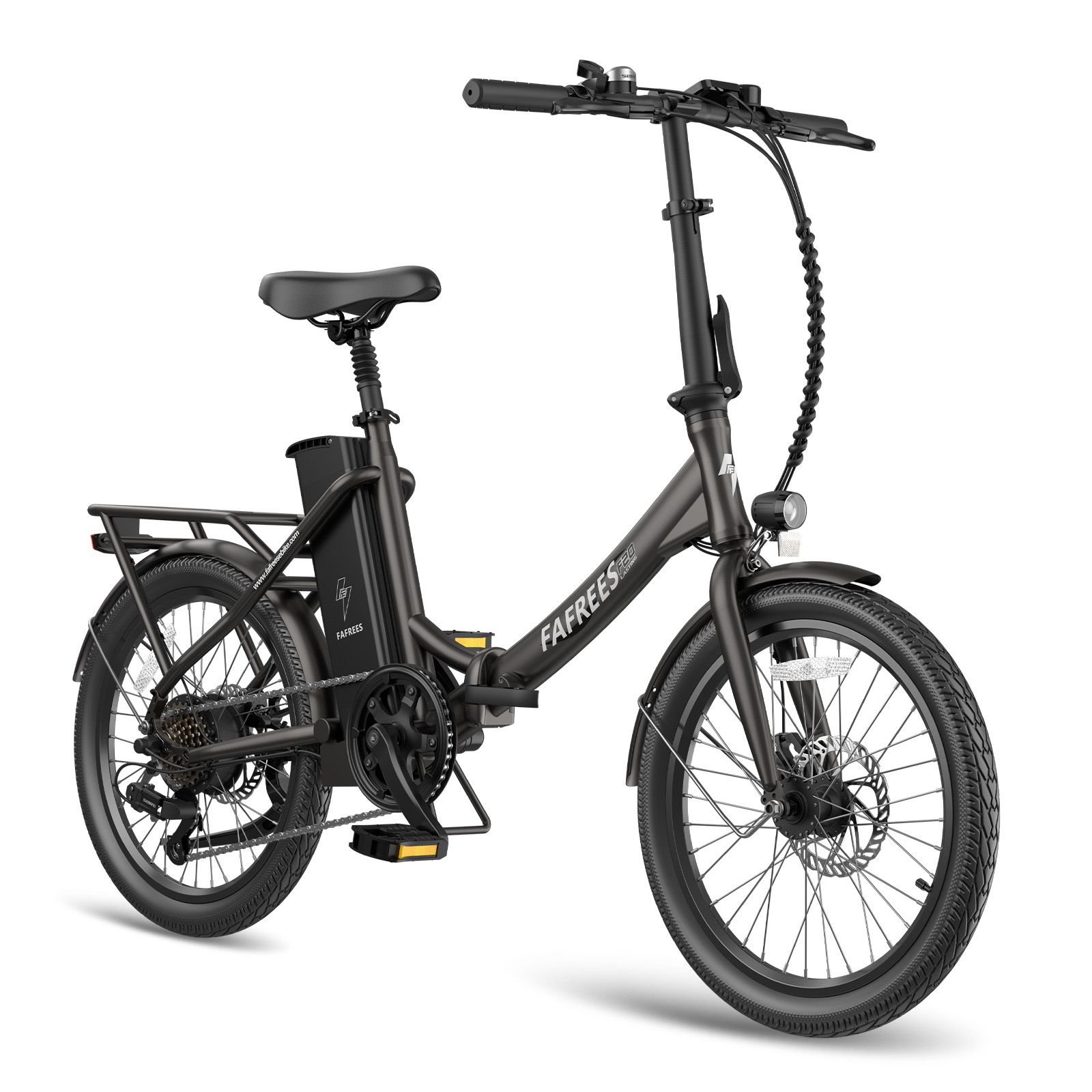 Vélo électrique Fafrees F20, anthracite. Vue en biais. Avec porte-bagages, garde-boue et batterie. Marque et nom du modèle.