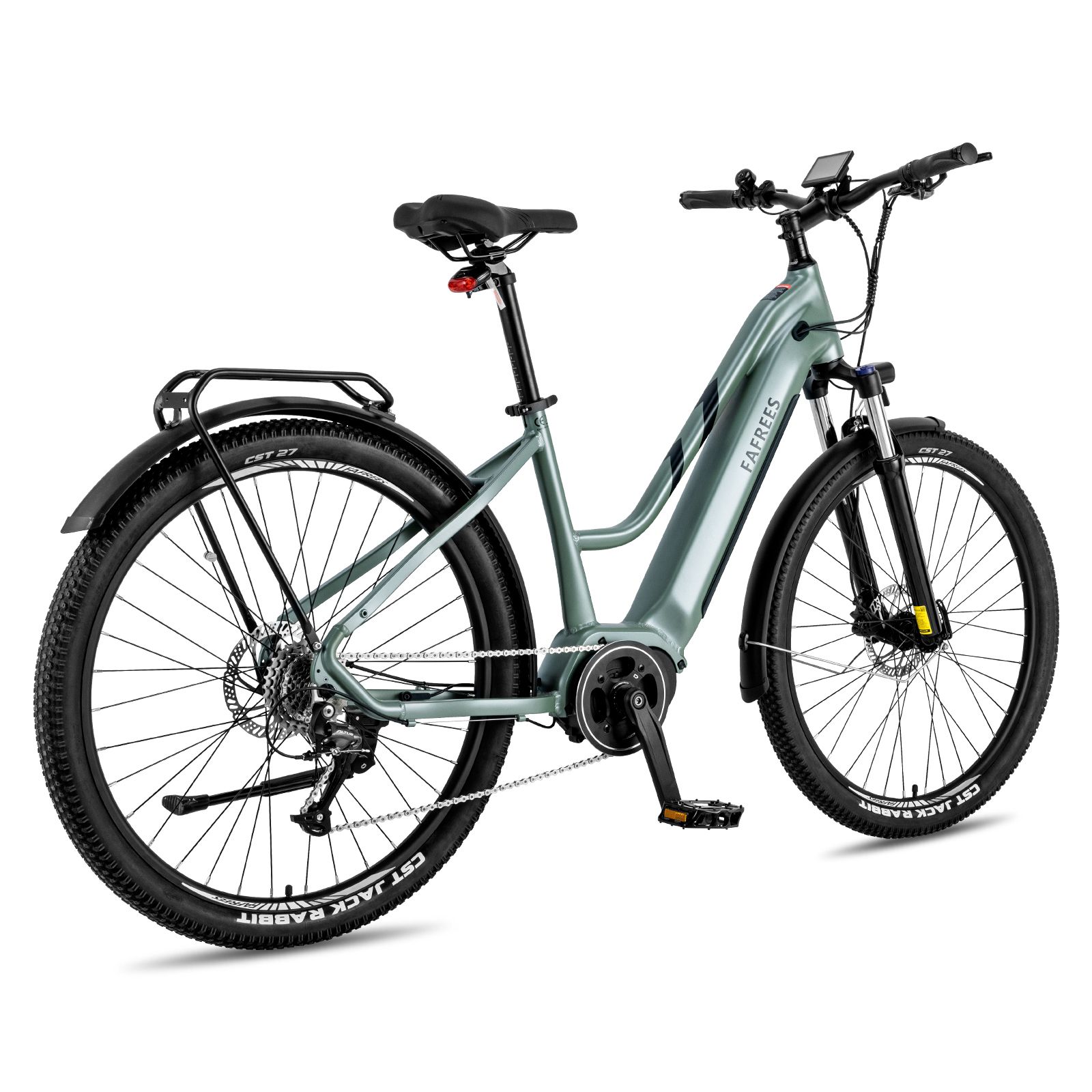 Lichtgroene e-bike met centrale motor. Zwarte banden, spatborden en bagagedrager. Merk FAFREES.