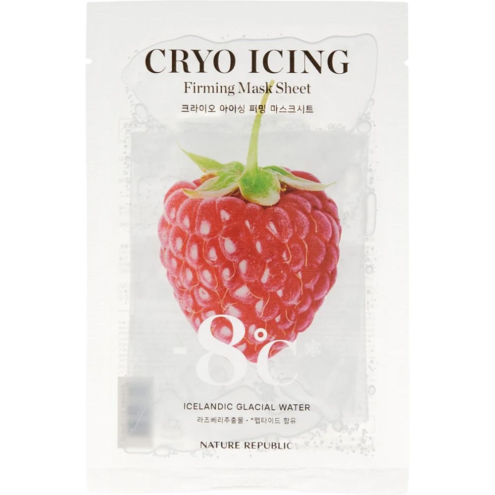 Sachet de masque unique avec image de framboise. Inscription : Cryo Icing Firming Mask Sheet. Marque : NATURE REPUBLIC.