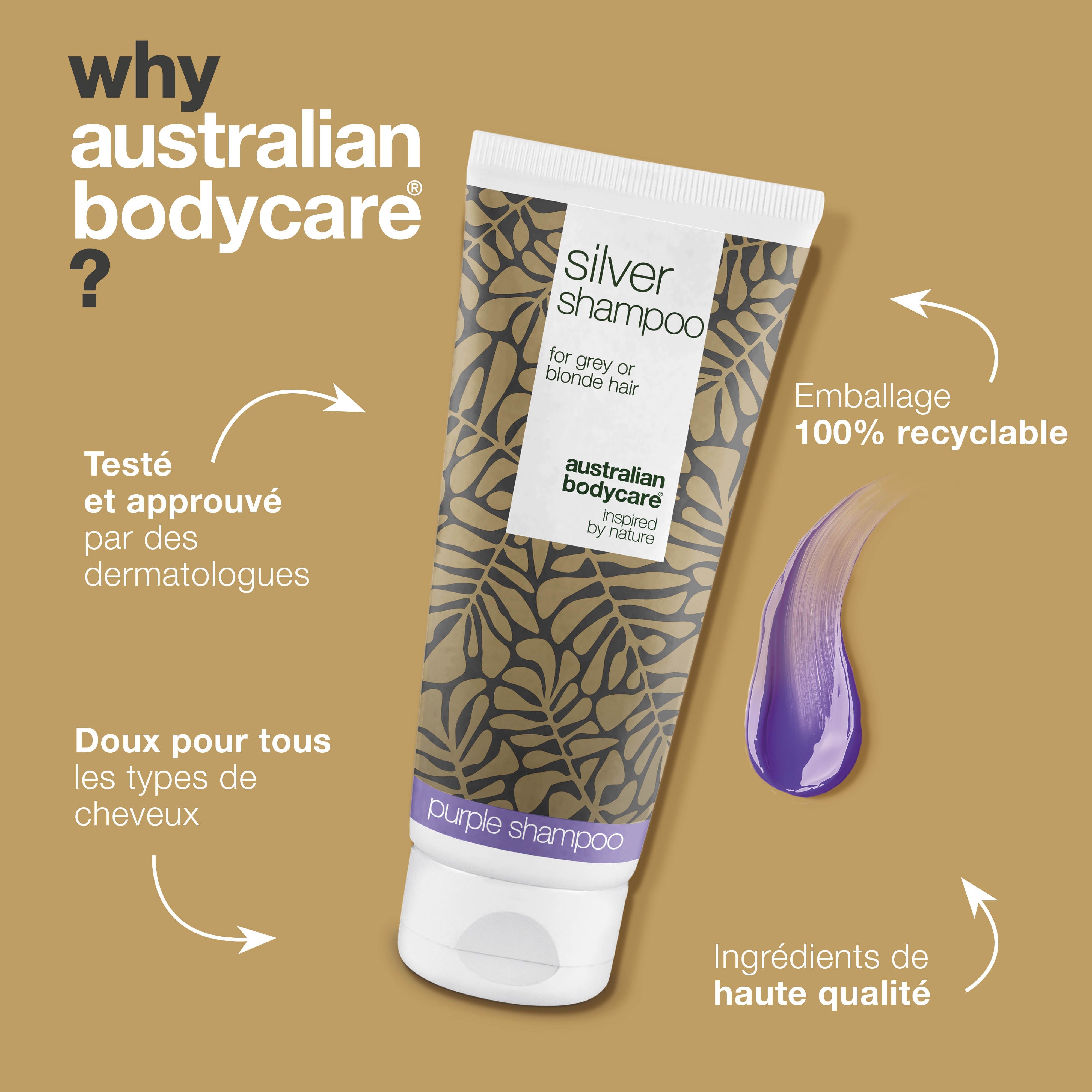Tube de shampooing et texte : Pourquoi Australian Bodycare ? Emballage 100% recyclable. Ingrédients de haute qualité.