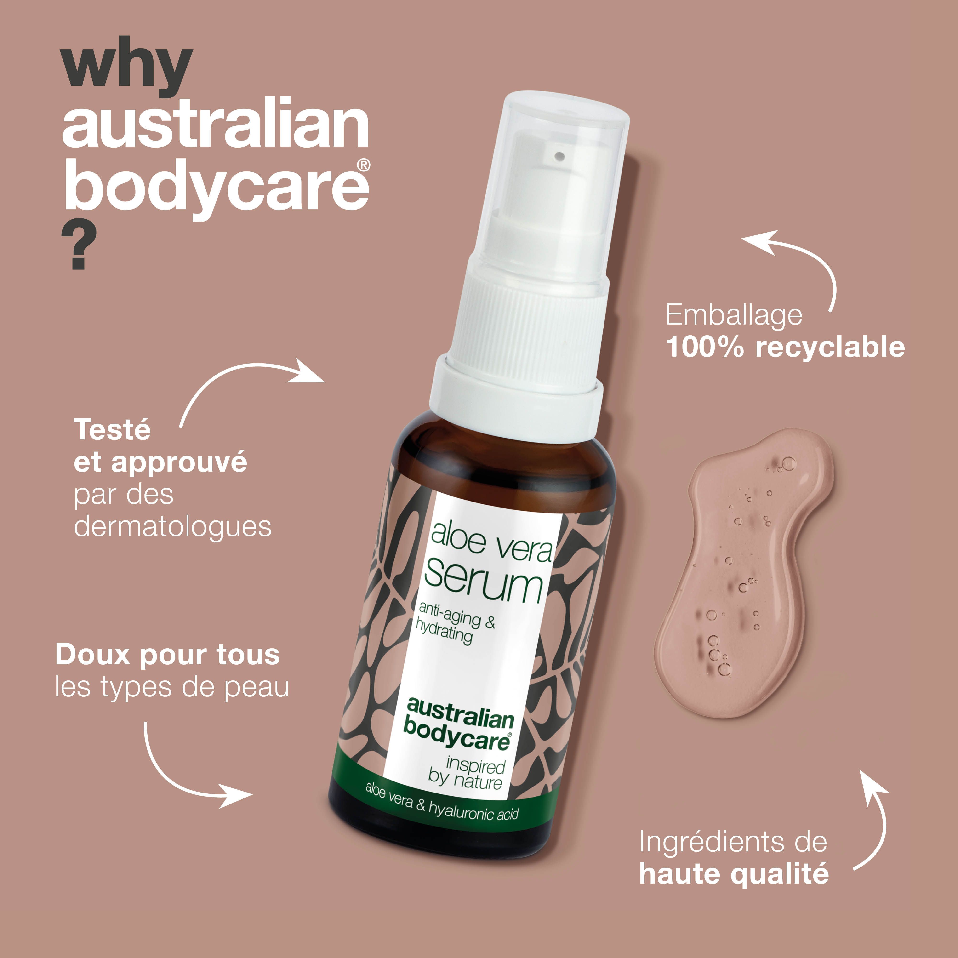 Flacon de sérum. Texte : Pourquoi Australian Bodycare ? Nom du produit : Aloe Vera Serum. Flacon marron avec pompe.
