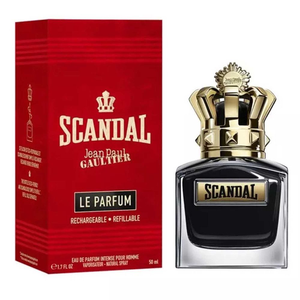 Donkere parfumfles met gouden kroon en rode verpakking. Opschrift: Scandal Le Parfum. 50ml.