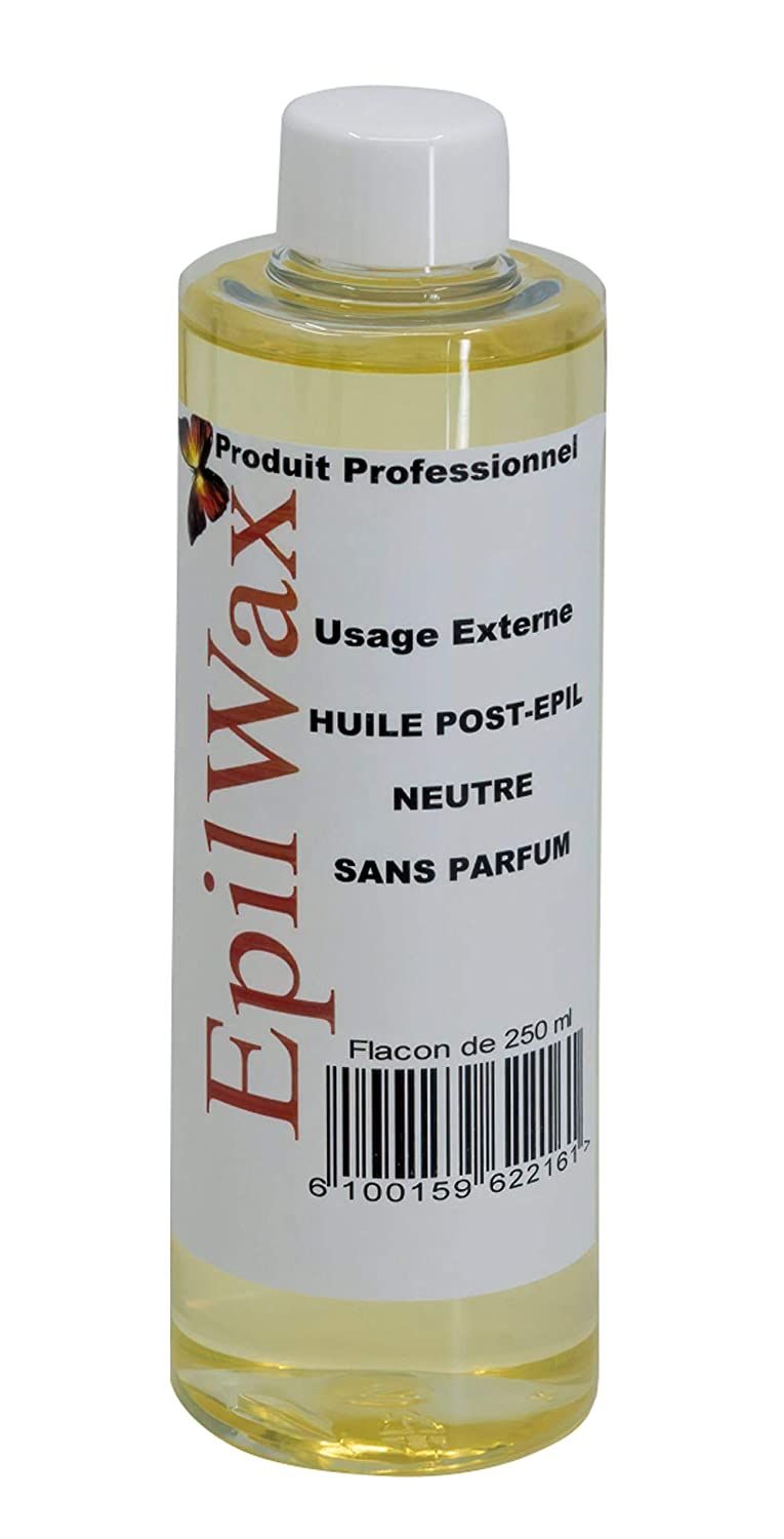 Flacon d'huile transparent avec bouchon blanc. Inscription EpiWax. Étiquette avec informations produit.