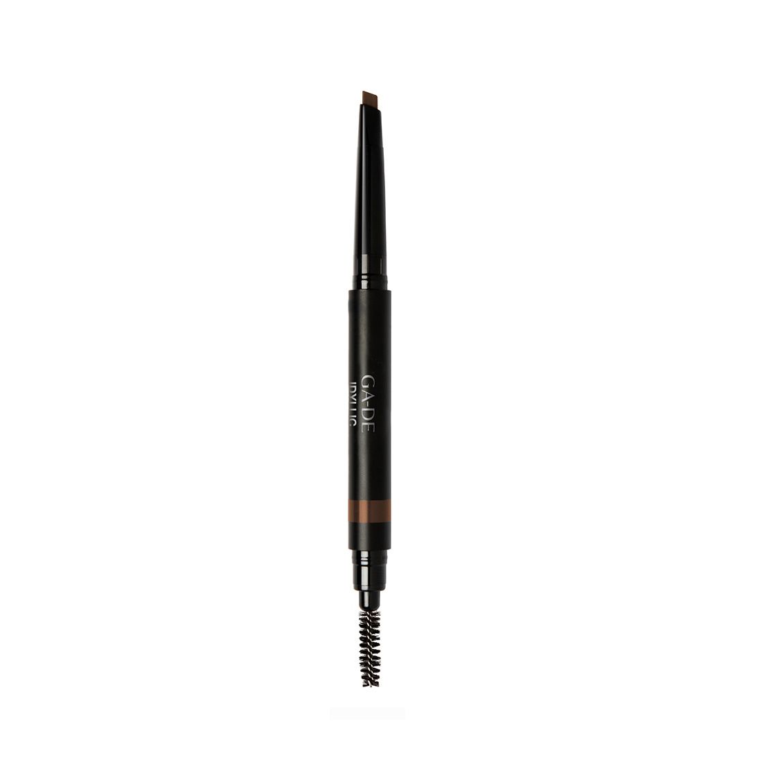 Crayon à sourcils avec brosse. Crayon noir avec mine marron et brosse. Inscription : GA-DE Idyllic.