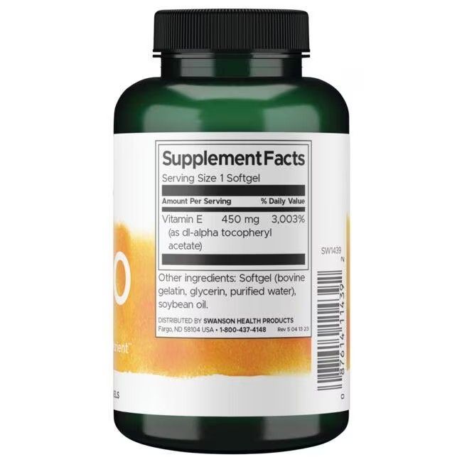 Groene fles met zwarte dop. Etiket met productinformatie: Vitamine E, 1000 IE, 60 softgels. Merk: SWANSON.