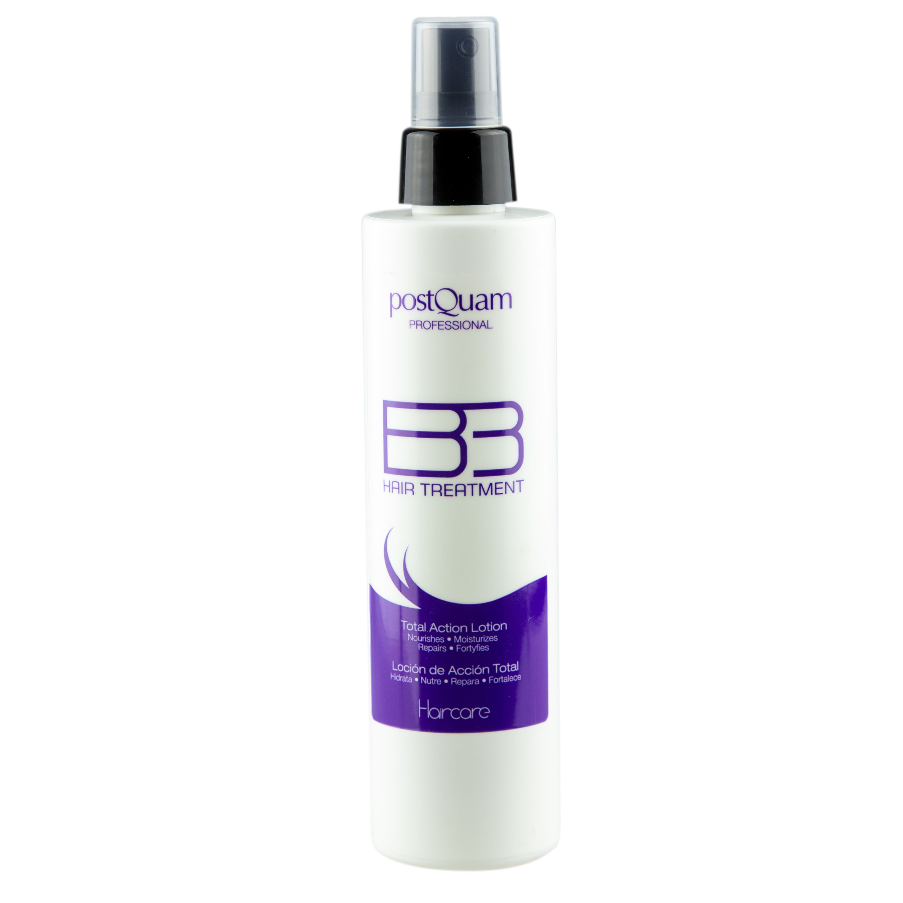 Flacon blanc avec vaporisateur. Inscription: Postquam Professional, BB Hair Treatment. Bande violette avec texte.