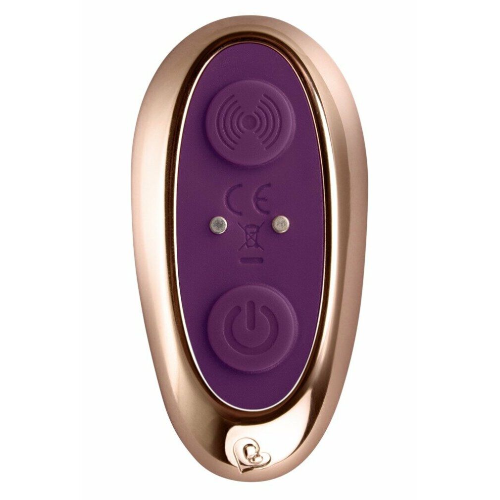 Stimulateur anal violet au design rainuré et base large. Télécommande à deux boutons.