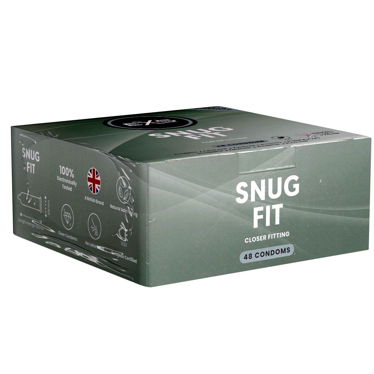 Boîte de préservatifs Snug Fit, Closer Fitting, 48 préservatifs. Emballage avec drapeau britannique et certifications.