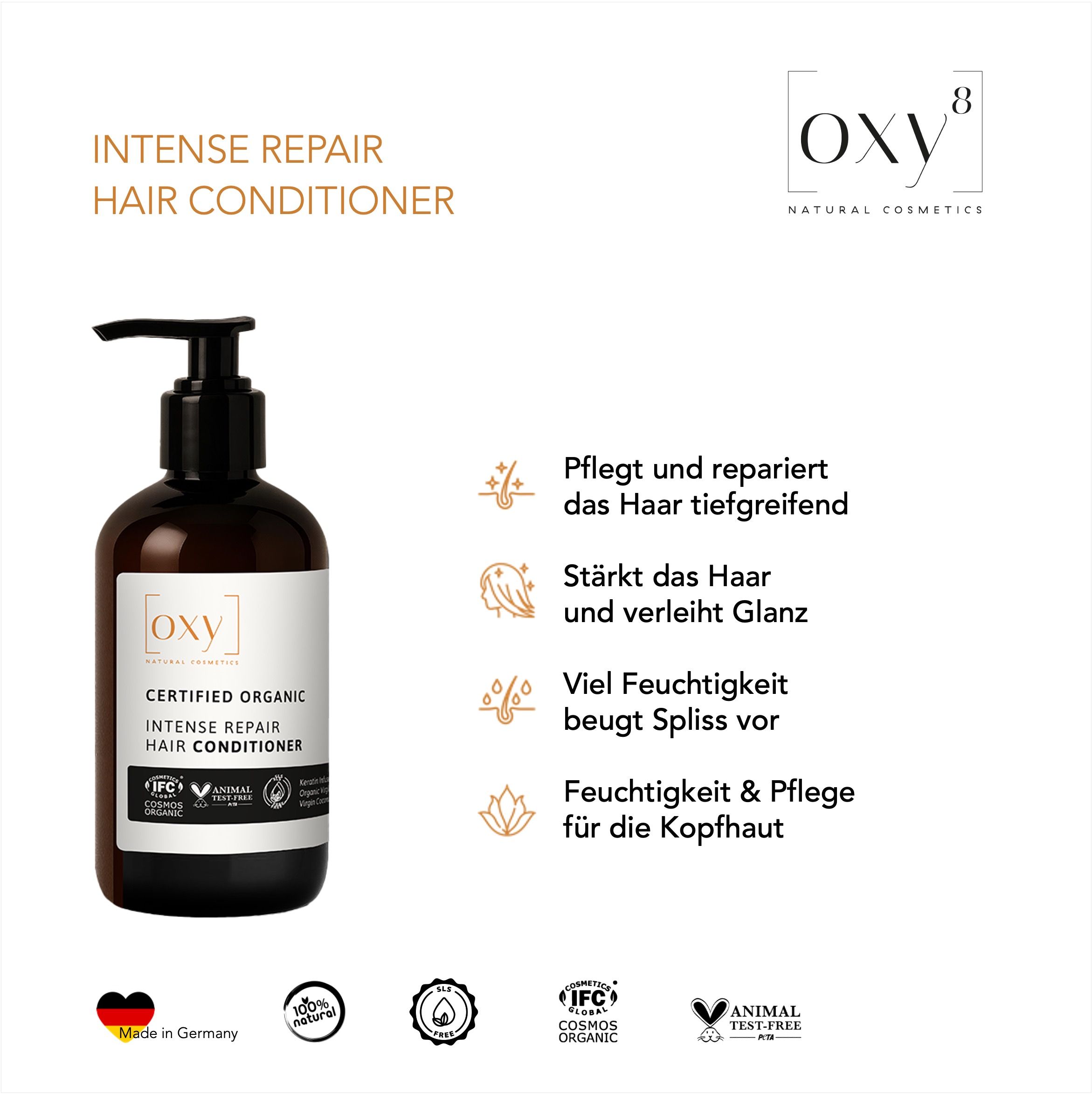 Bruine fles met pomp. OXY8 Intense Repair Hair Conditioner. Gecertificeerde biologische conditioner. Gebruiksinformatie.