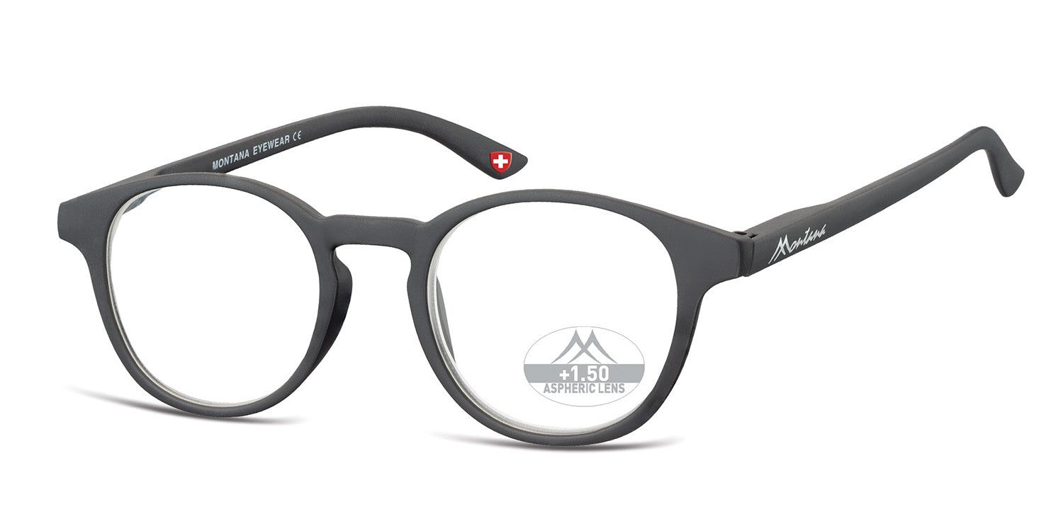 Lunettes grises avec verres ronds. "Montana" sur la branche droite. "MONTANA EYEWEAR CE" sur la branche gauche.