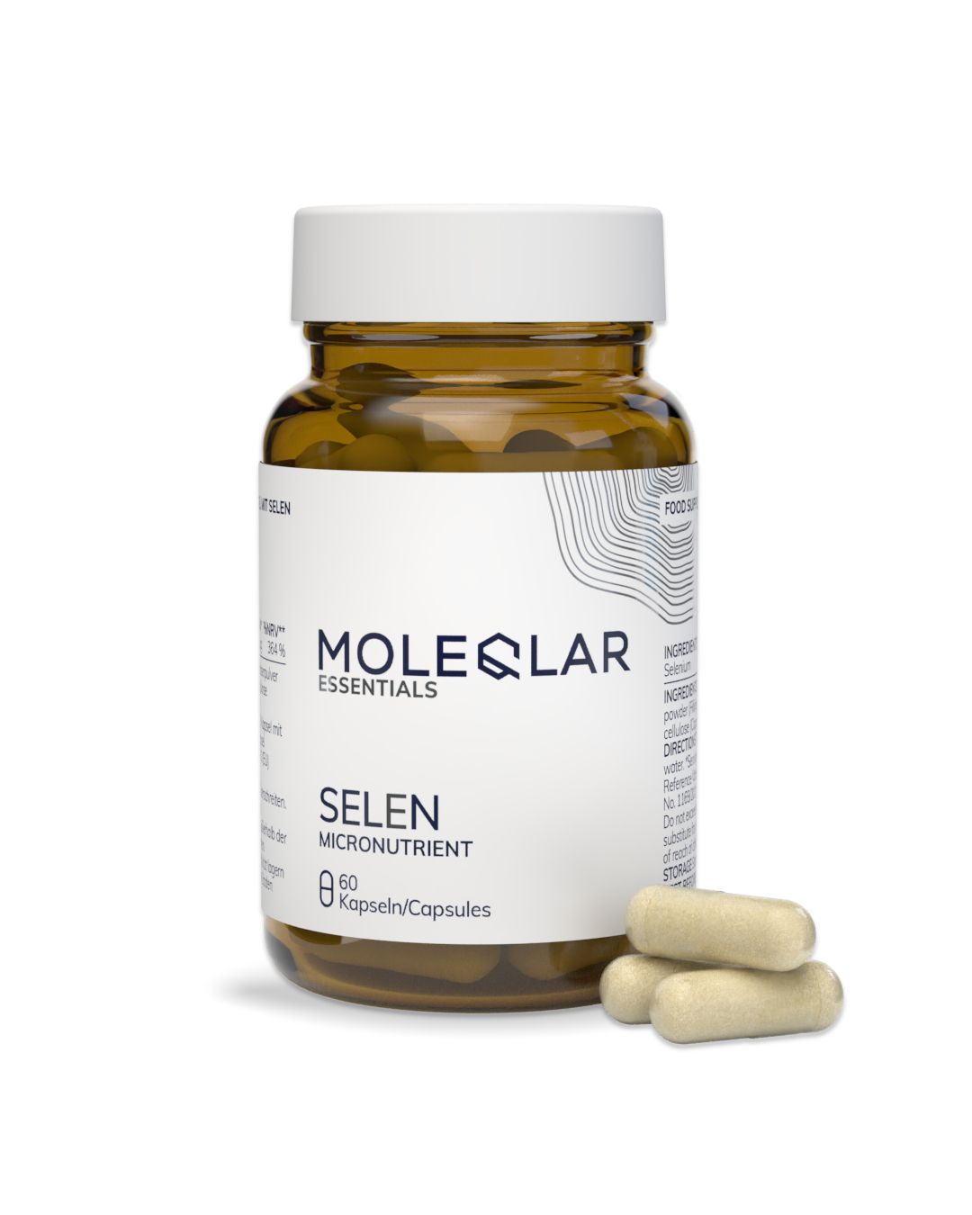 Bruine glazen fles met witte dop, met 60 selenium capsules. Drie capsules liggen ernaast.