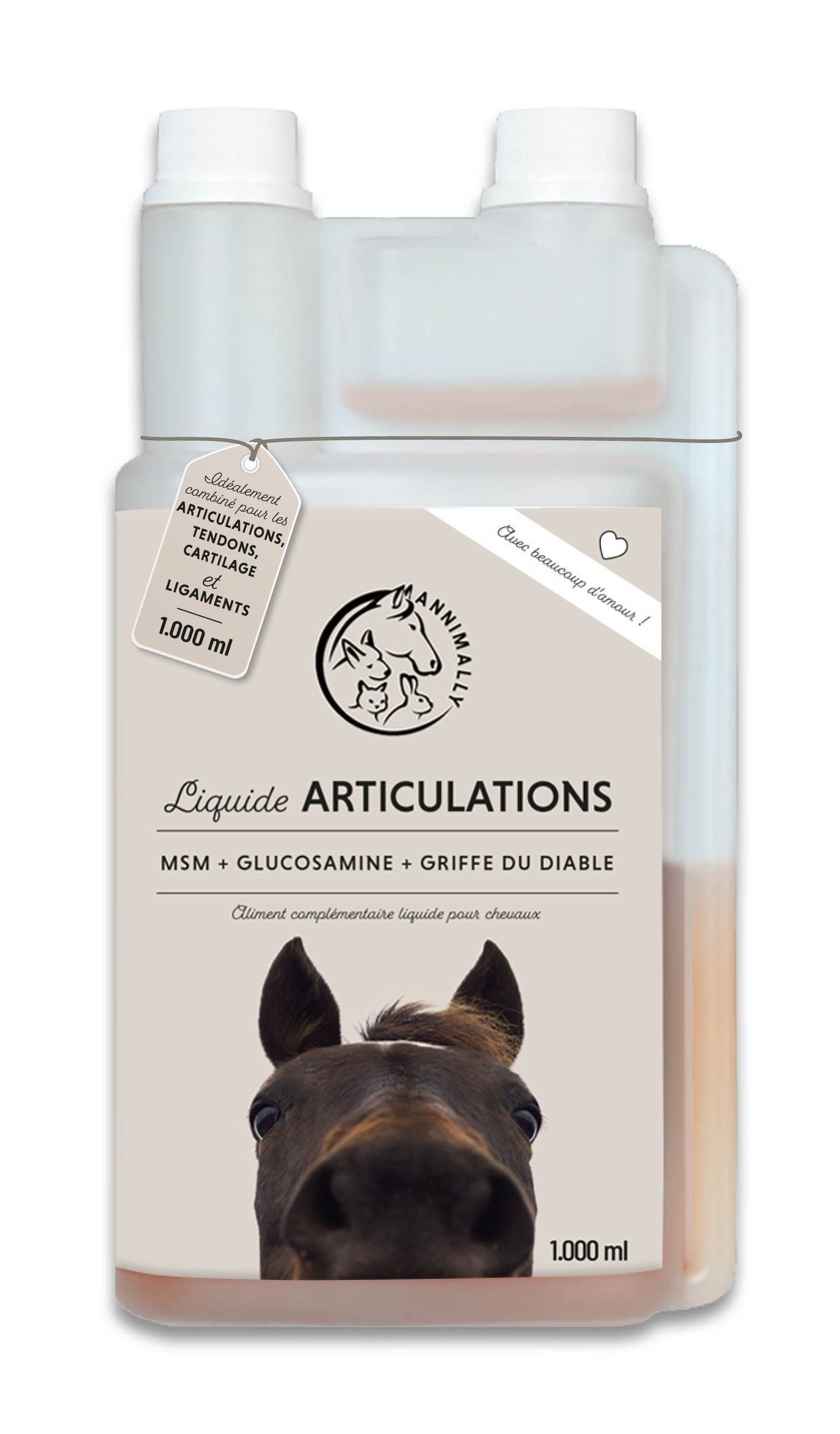 Bouteille Annimally Liquide Articulations, 1000 ml. MSM, Glucosamine, Griffe du Diable. Complément liquide pour chevaux.