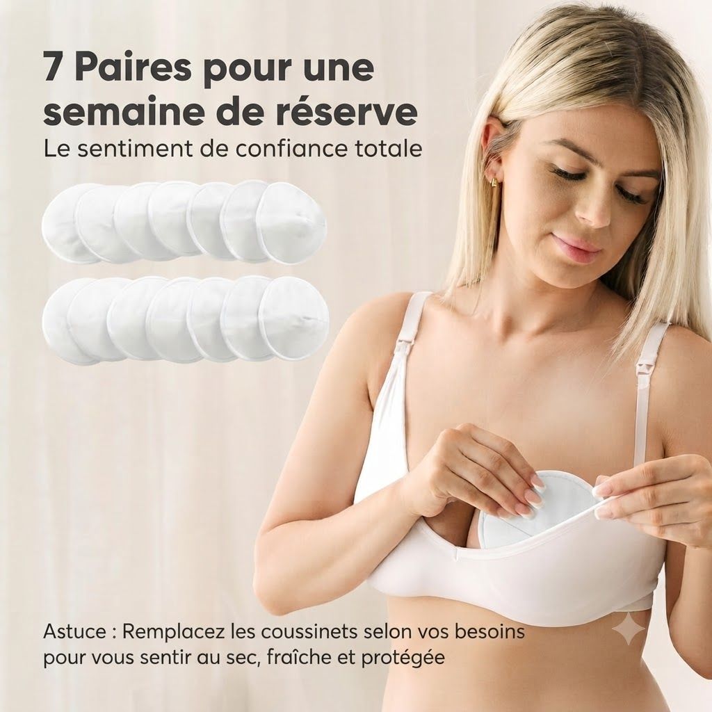 Deux rangées de coussinets d'allaitement blancs, 7 paires au total.