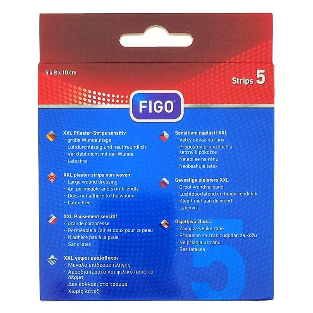 Achterkant van de pleisterverpakking. Merk FIGO. Productnaam en kenmerken in meerdere talen. Bevat 5 strips.