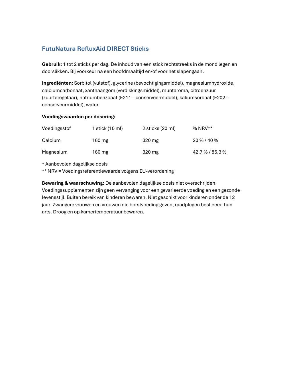 Tekst met voedingswaarde en ingrediënten voor RefluxAid DIRECT Sticks.