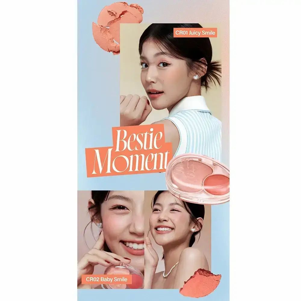 Reclame met vrouw en FWEE Mellow Dual Blusher. Tekst: CR01 Juicy Smile, CR02 Baby Smile. Product in verpakking.