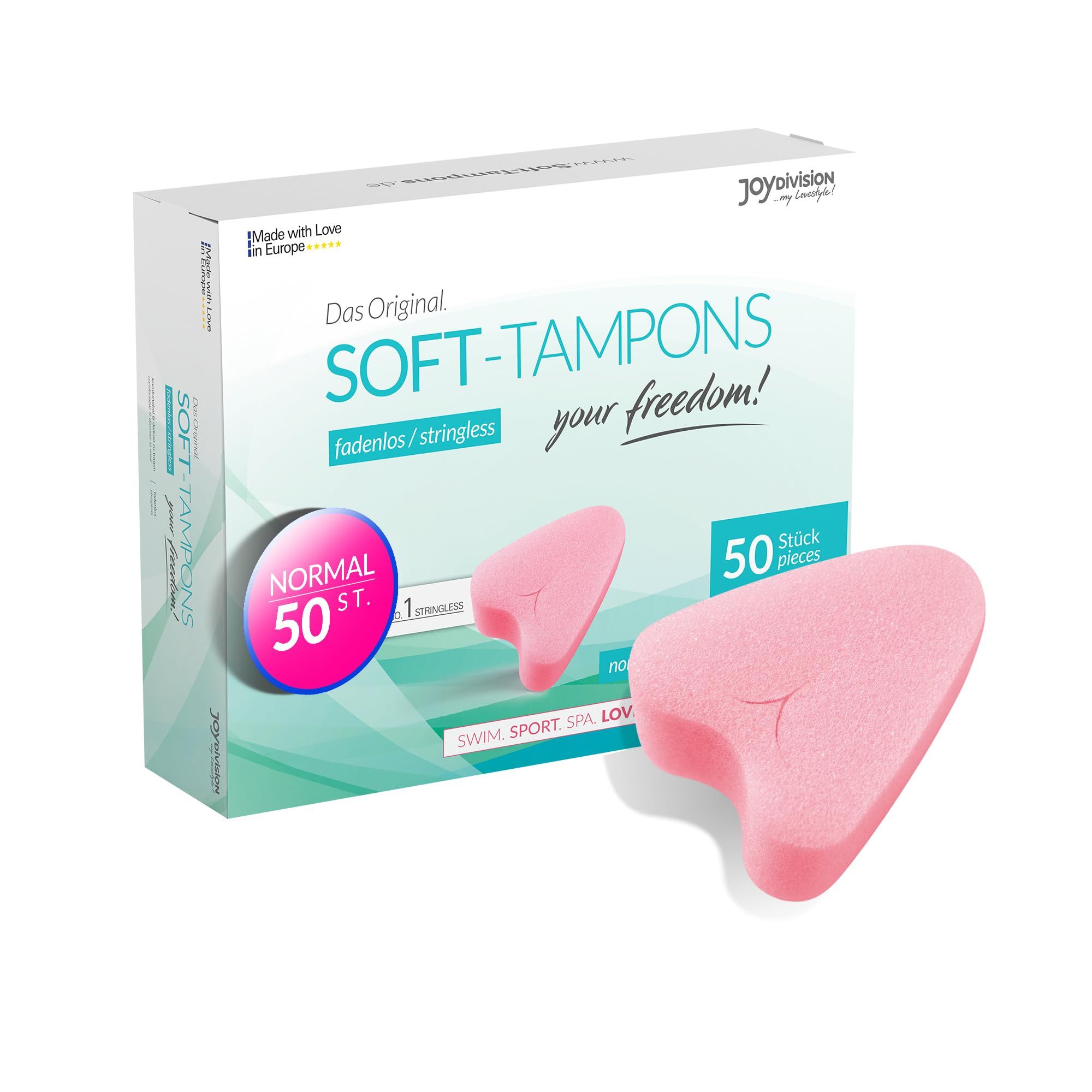 Doos met 50 Soft-Tampons, normaal, draadloos. Een roze tampon is afgebeeld.