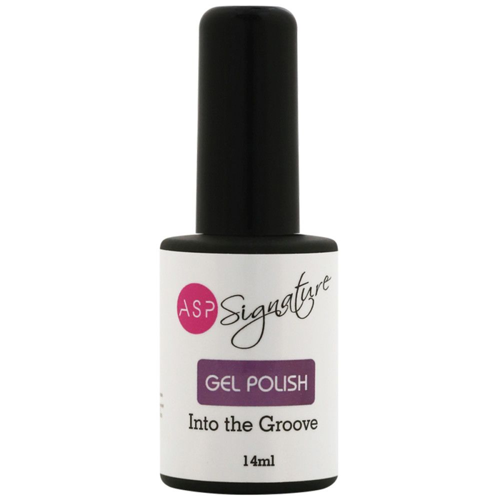 Flacon de vernis à ongles avec bouchon noir. Étiquette ASP Signature, Gel Polish, Into the Groove, 14ml.