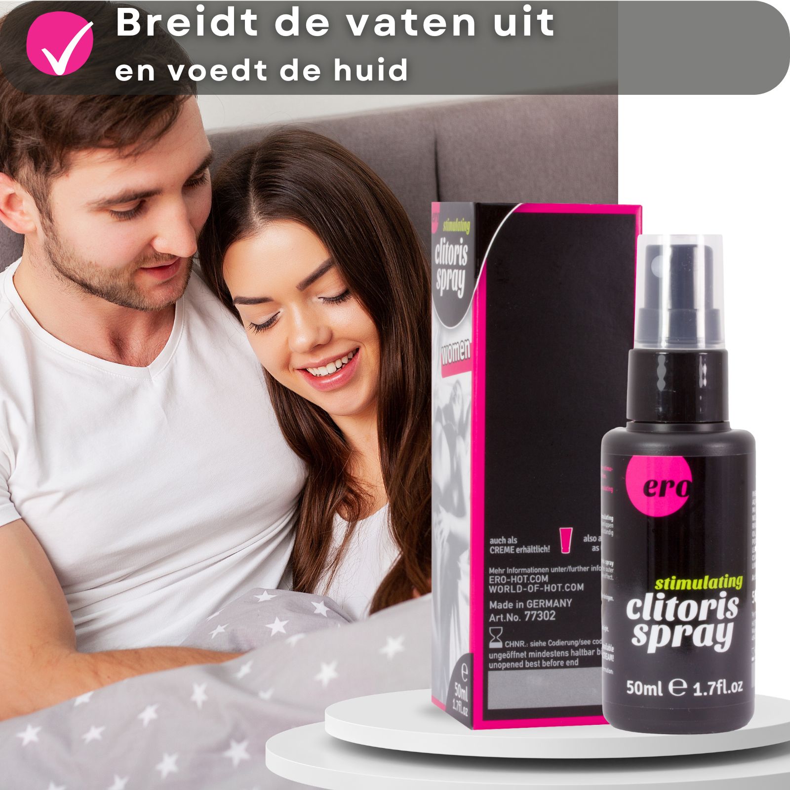 Productfles en verpakking. Koppel in bed. Tekst met productvoordelen.