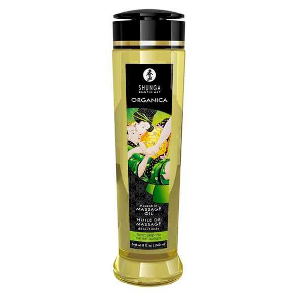 Shunga Organica massageolie fles met zwarte dop en Japans kunstetiket.