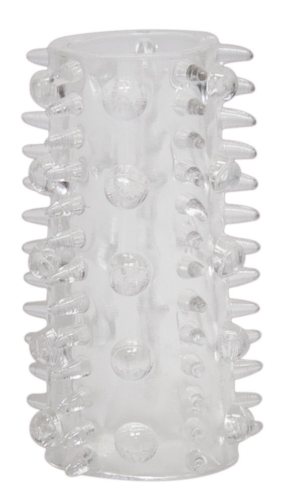 Manchon pénien transparent avec pointes et picots. Forme cylindrique.