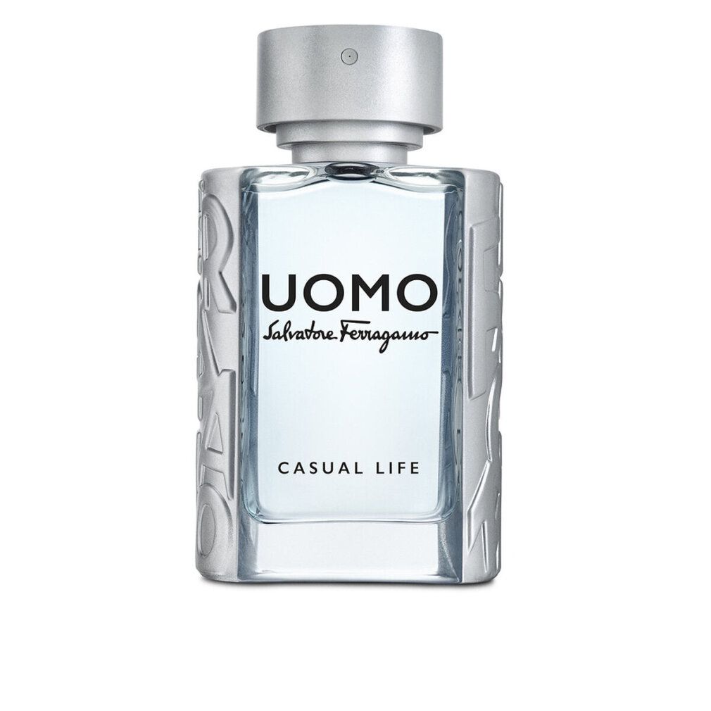 Flacon de parfum bleu clair avec bouchon argenté. Inscription: UOMO, Salvatore Ferragamo, Casual Life.