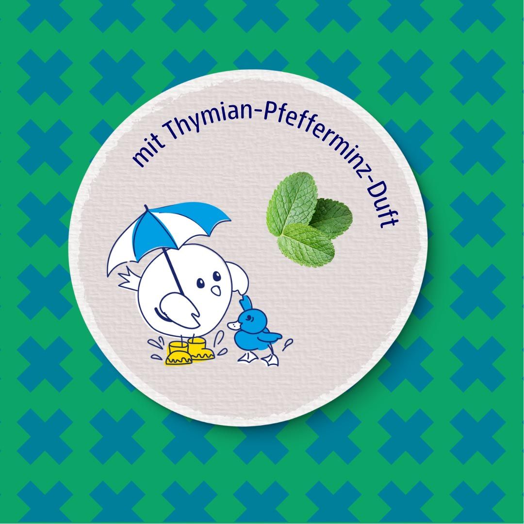 Autocollant rond avec motif d'oiseau et texte : avec parfum thym-menthe poivrée. Fond vert avec motif de croix.