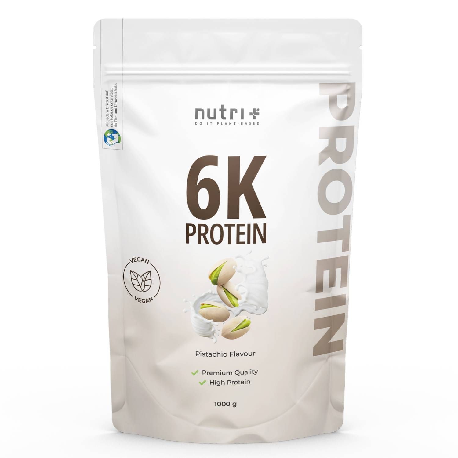 Sachet de nutri+ 6K PROTEIN, saveur pistache. Logo végan. Inscription : 6K PROTEIN, Premium Quality, High Protein, 1000 g.