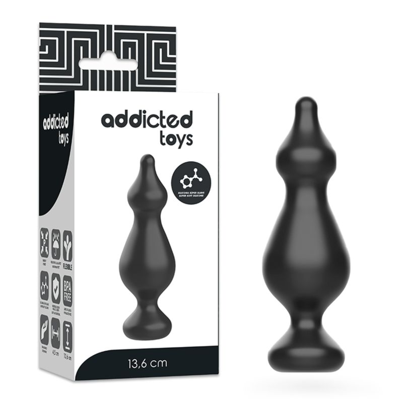 Plug anal noir flexible en TPR, 13,6 cm de long, avec une base large et une extrémité effilée.