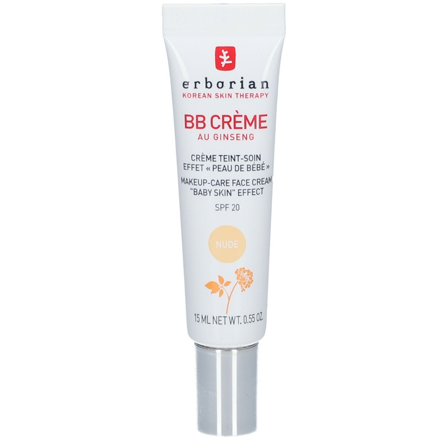 Tube BB Crème. Opschrift: BB Crème au Ginseng, SPF 20, Nude. Merk: Erborian.