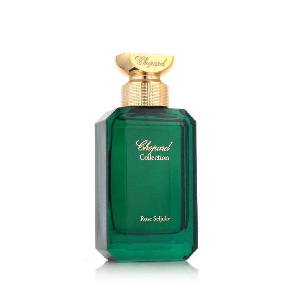 Groene flacon met gouden dop. Opschrift: Chopard Collection, Rose Seljuke. Hoekige vorm.