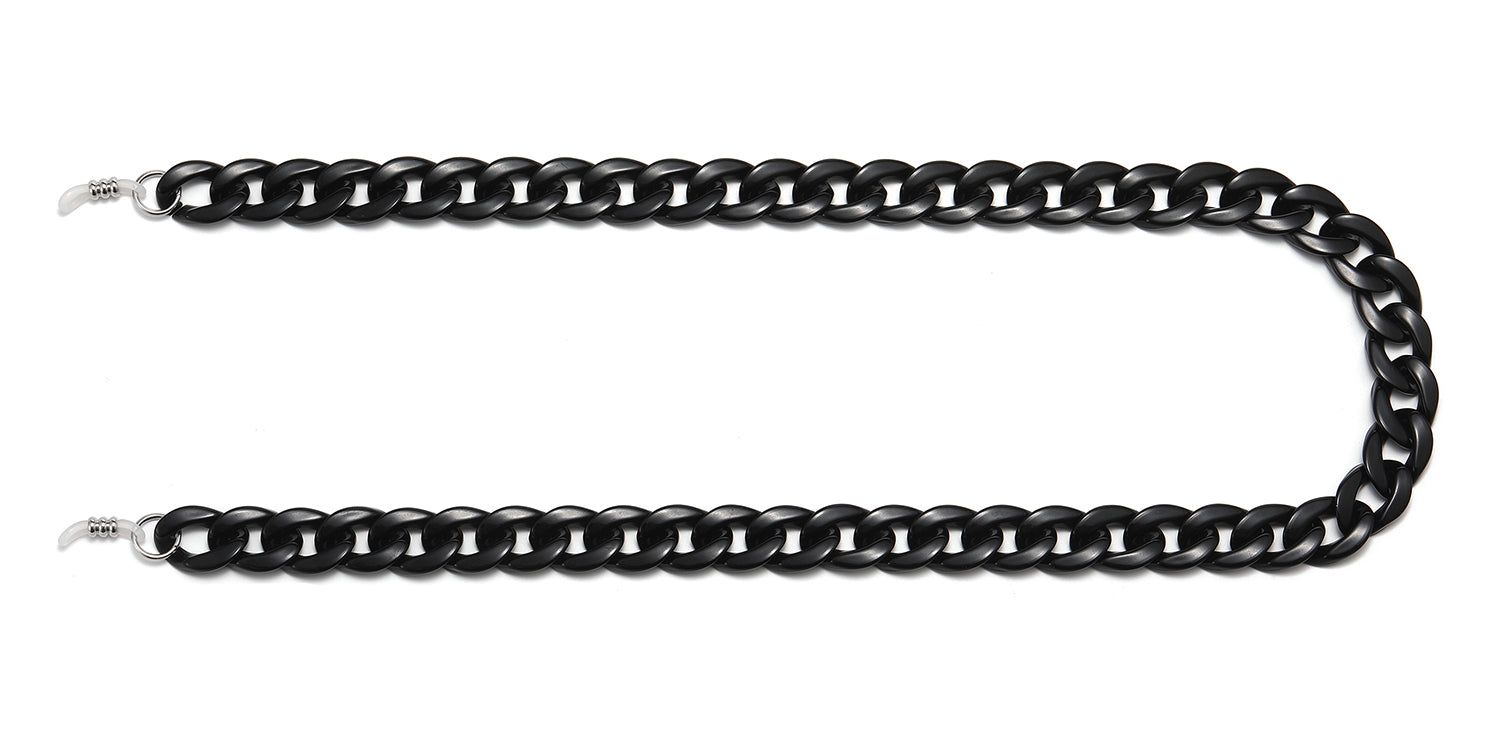Zwarte brillenketting met schakels. Einden met lussen voor bevestiging aan brillen. Op witte achtergrond.