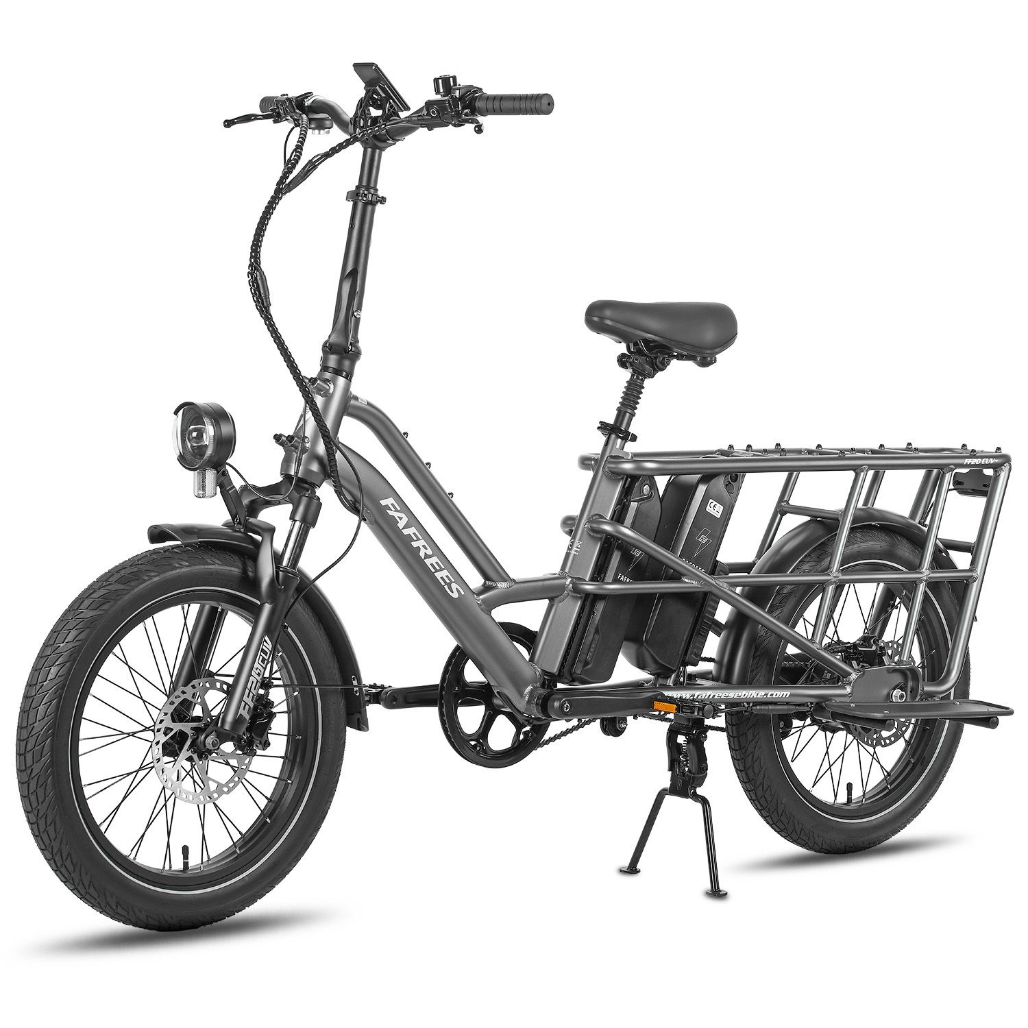 Vélo électrique gris avec porte-bagages, deux batteries et béquille. Marque FAFREES.