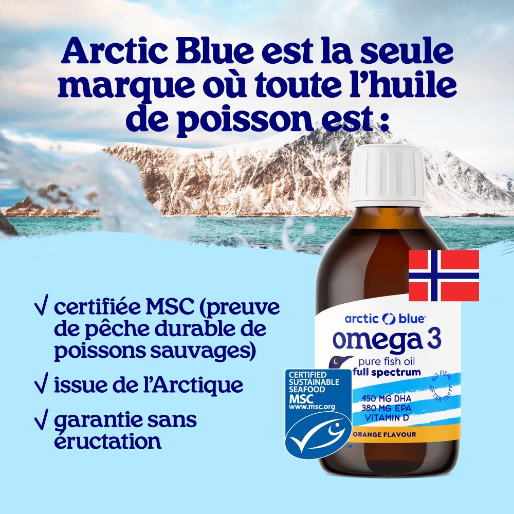Bouteille d'huile de poisson Arctic Blue Omega 3 devant un paysage de montagne avec drapeau norvégien.