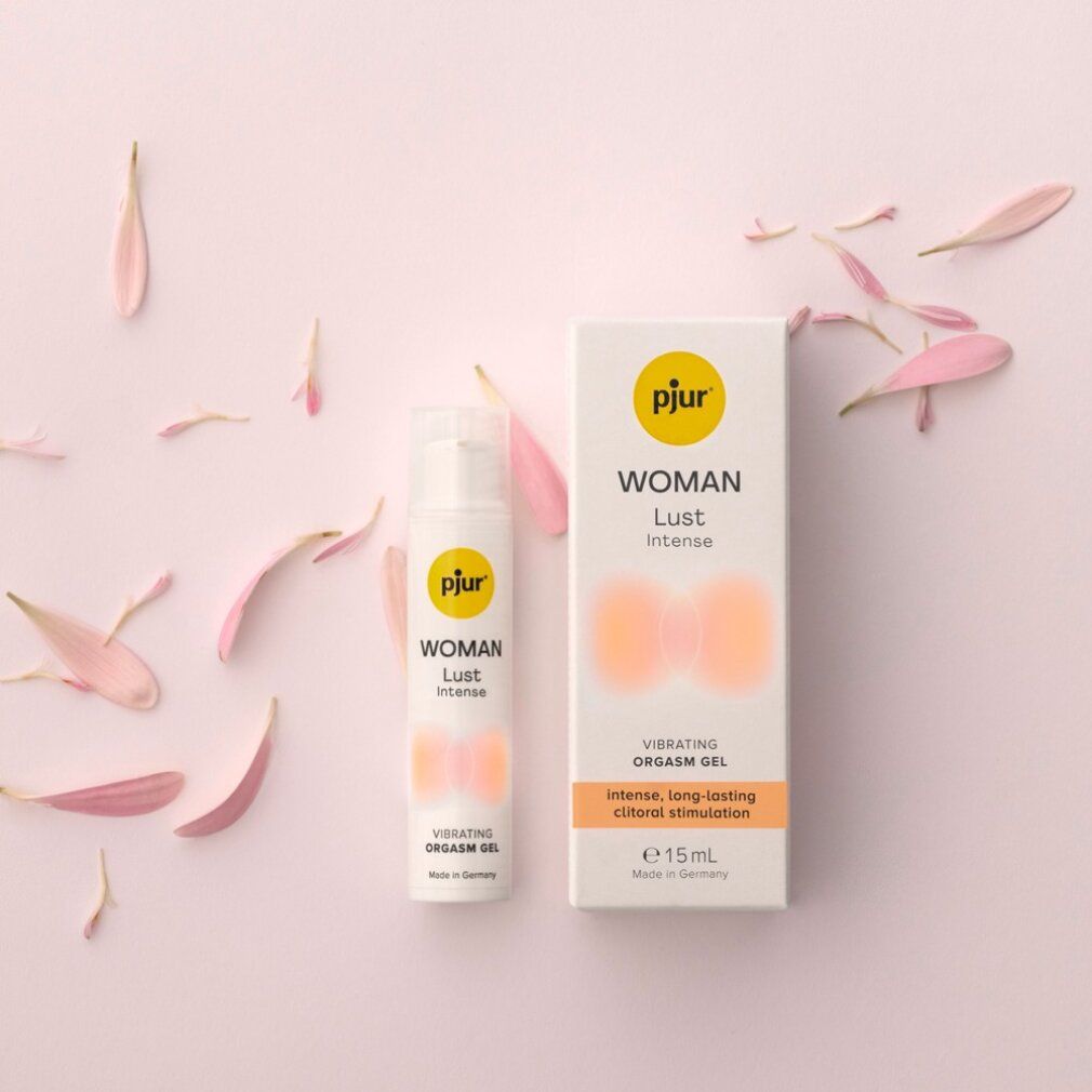 Emballage et flacon avec pétales. Texte: WOMAN Lust Intense, Vibrating Orgasm Gel, intense, long-lasting clitoral stimulation, e 15ml, Made in Germany.