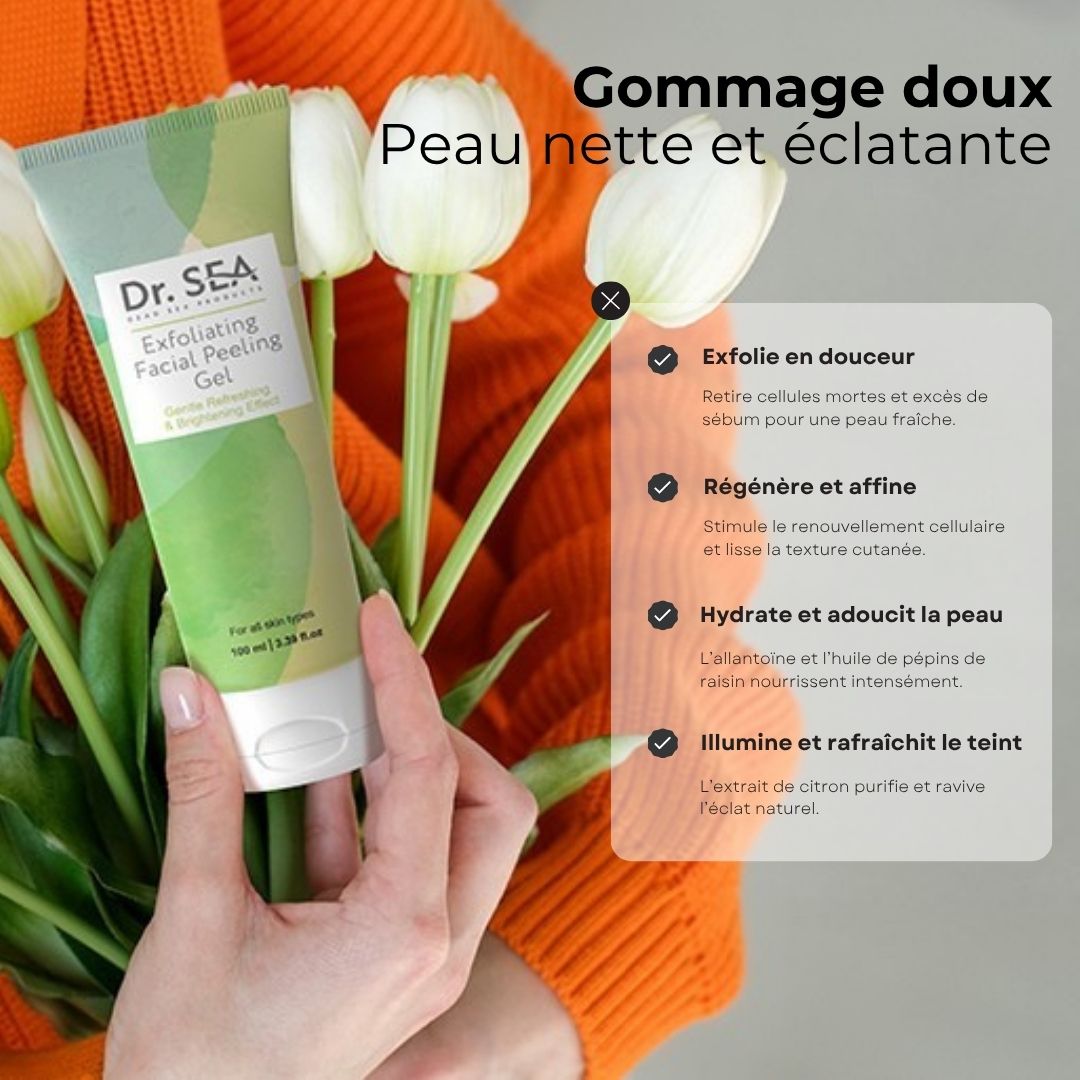 Tube et boîte de gommage facial. Inscription : Dr. SEA, Gentle Facial Scrub, Grape Seed Oil & Lemon. Pour tous types de peau.