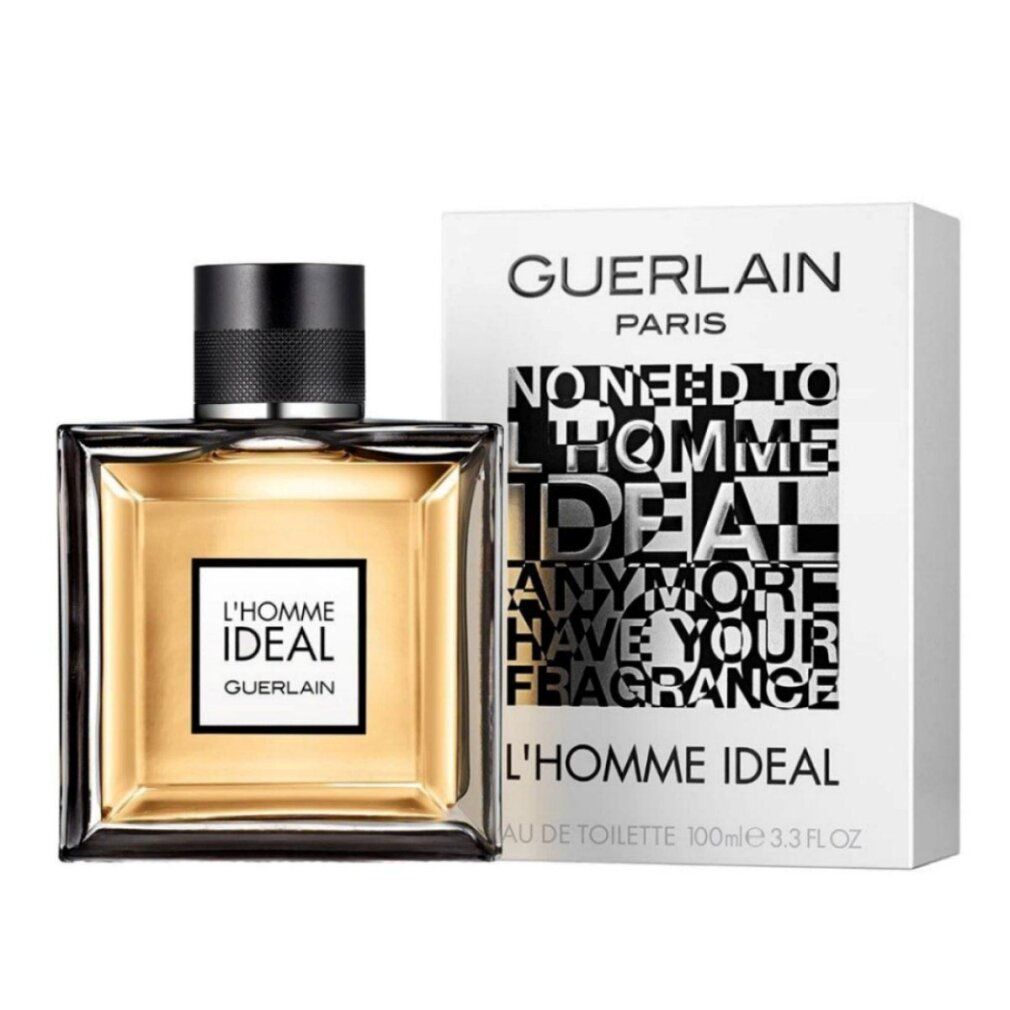 Fles en verpakking van Guerlain L'Homme Ideal Eau de Toilette. Rechthoekige fles met zwarte dop en gouden vloeistof. Witte doos.