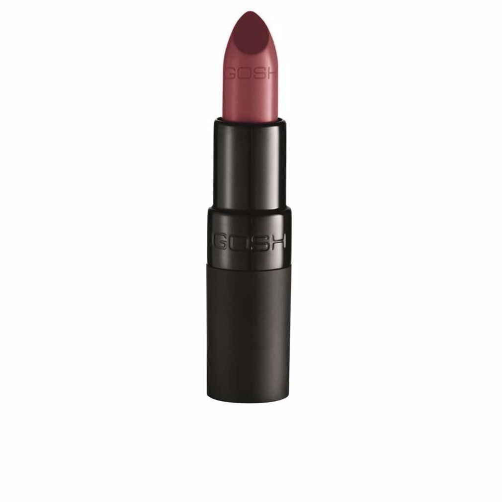Rouge à lèvres Gosh Velvet Touch 160 Delicious. Boîtier noir. Rouge à lèvres rose-rouge. Logo Gosh visible.