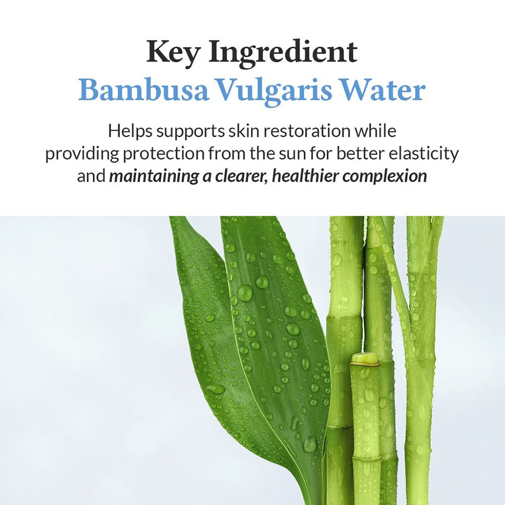 Eau de Bambusa Vulgaris comme ingrédient clé pour les soins de la peau, avec des feuilles de bambou.