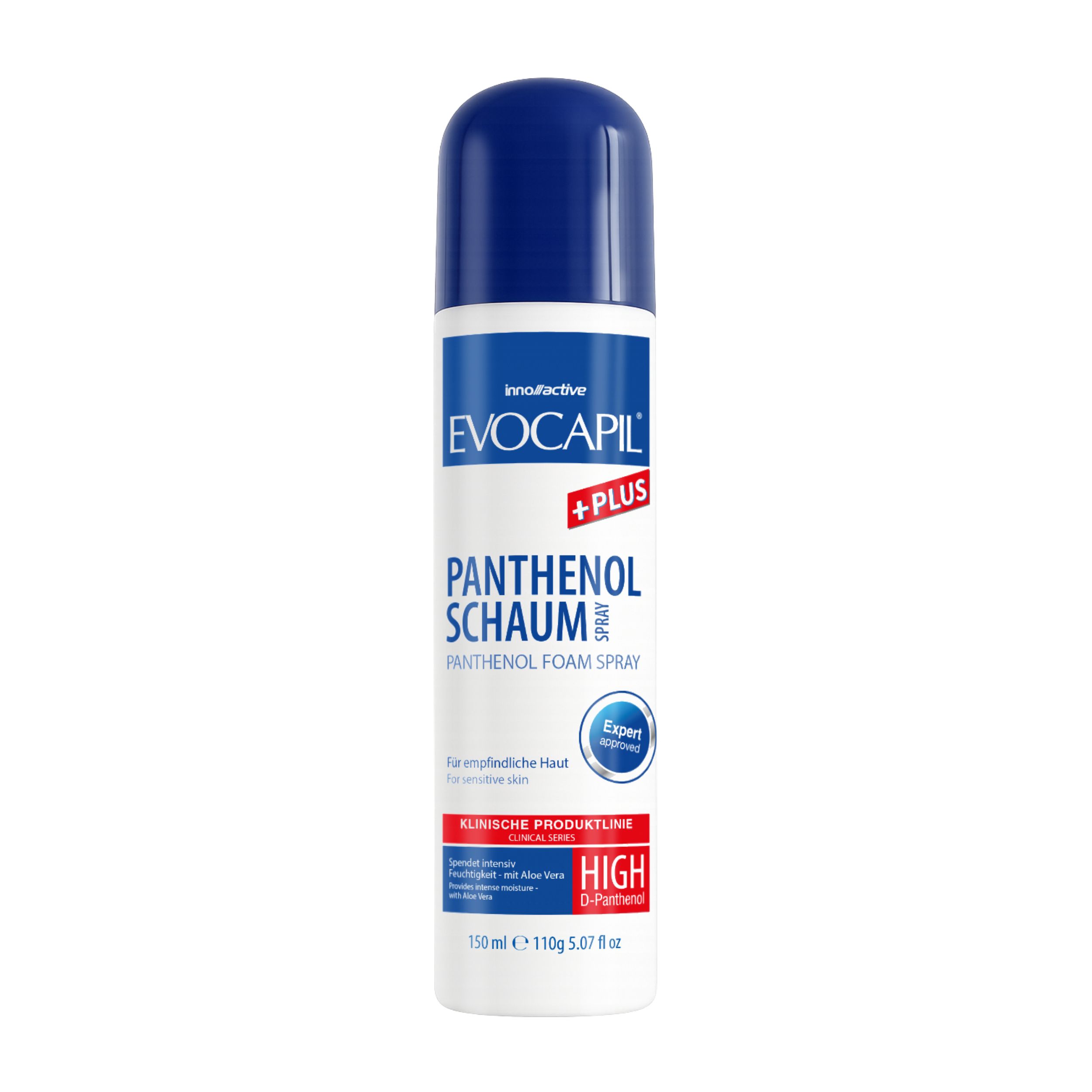 Witte sprayfles met blauwe dop. Opschrift: Evocapil Plus Panthenol Schaum Spray. Voor gevoelige huid.