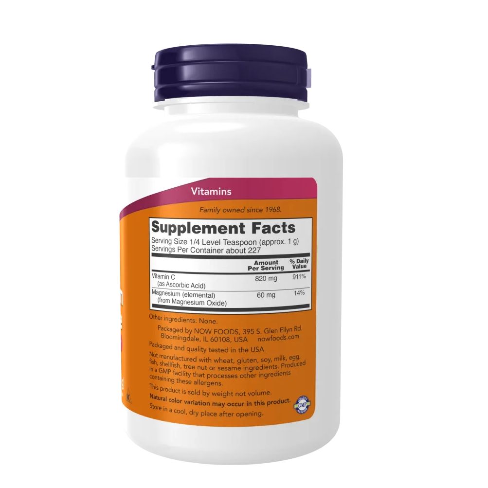 Dos du flacon. Étiquette orange avec informations nutritionnelles et ingrédients. Logo "NOW".