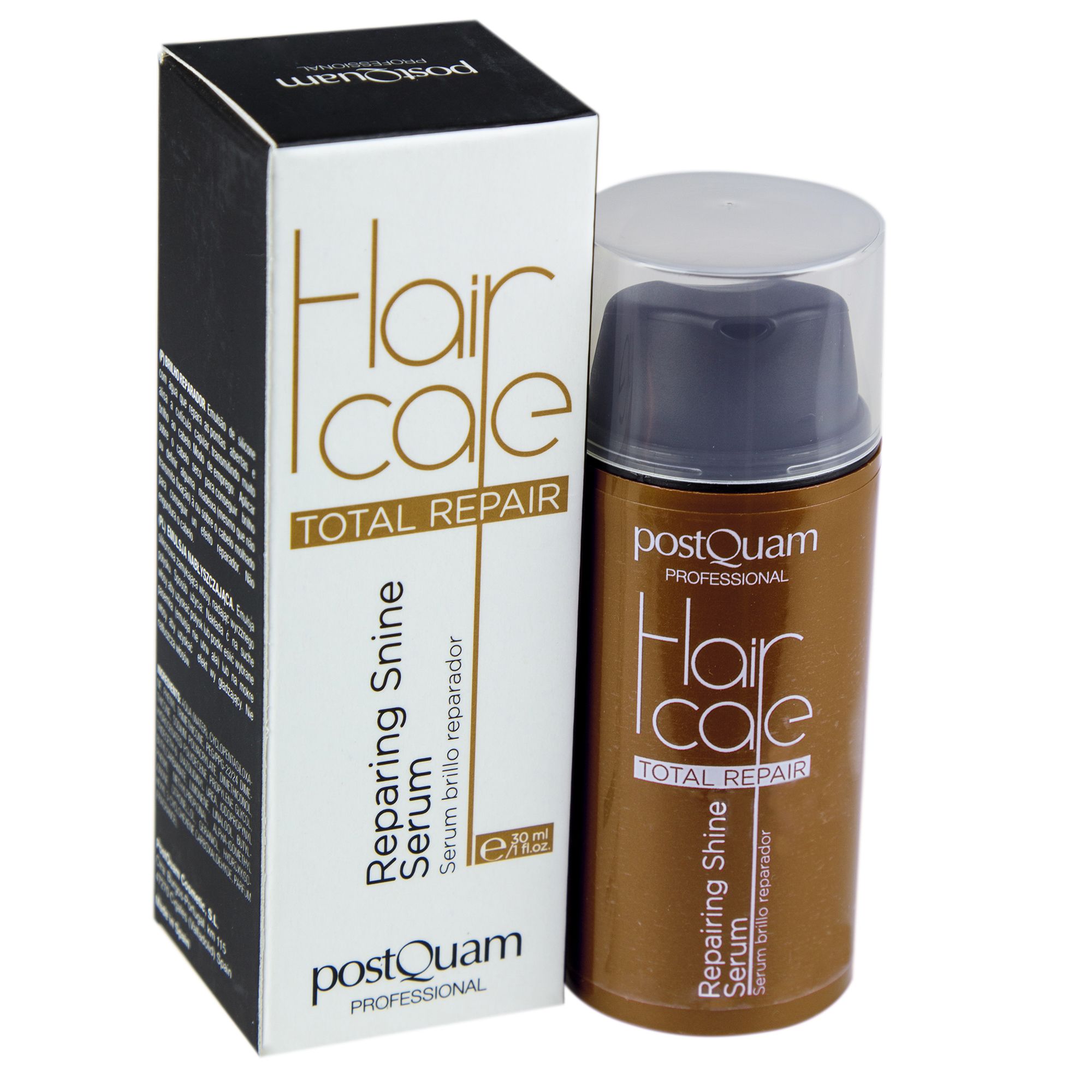 Haarserum met verpakking. Opschrift: Hair Care Total Repair, Repairing Shine Serum. Merk: Postquam Professional.