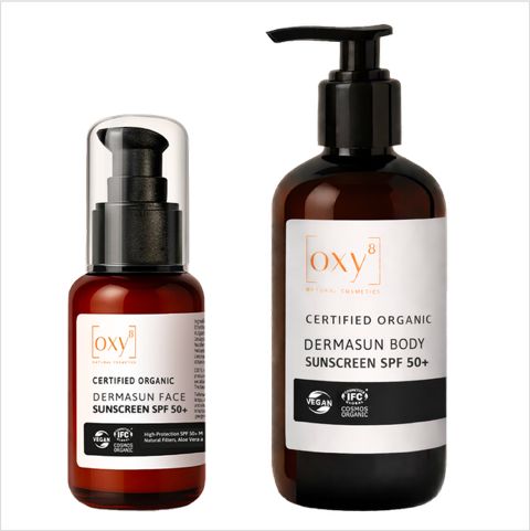 Deux flacons bruns, un avec distributeur, un avec pompe. Texte: oxy8, DERMASUN, SPF 50+.