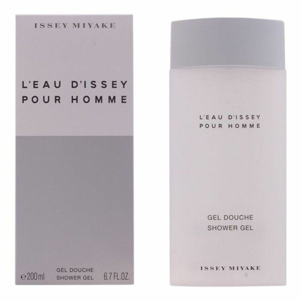 Issey Miyake, L'Eau d'Issey pour Homme douchegel en verpakking. Fles en doos. Tekst: Gel Douche, Shower Gel, 6.7 FL.OZ. 200ml.